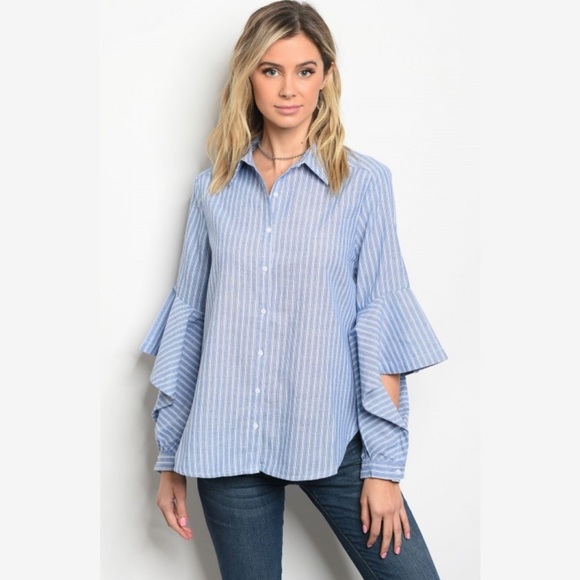 Very J—Chambray Ruffle Sleeve Stripped Button Up!! - Picture 3 of 4